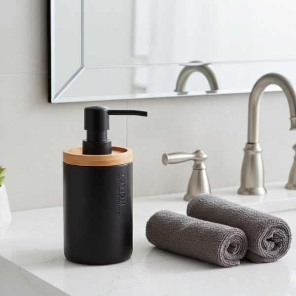Black bathroom lotion dispenser with bamboo top on vanity