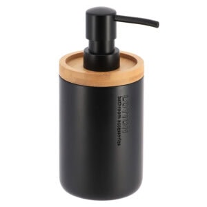 Minimalist black soap dispenser with bamboo detailing