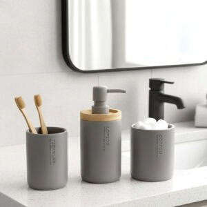 Gray bathroom set on countertop