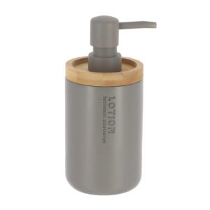 Minimalist gray soap dispenser with bamboo detailing