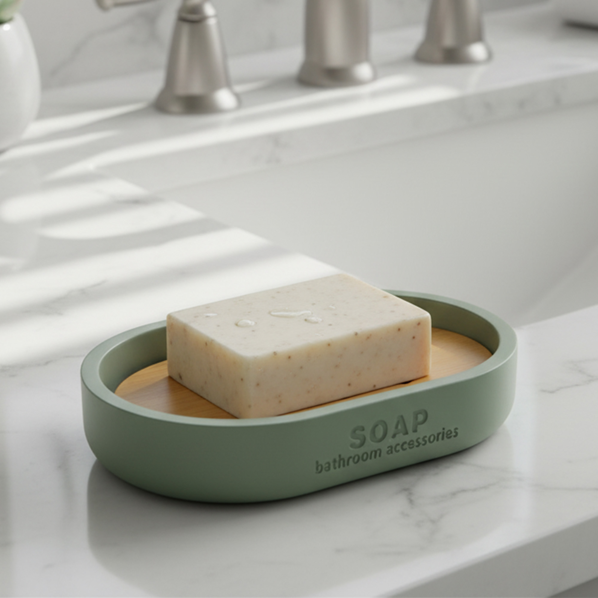 Green soap dish with bamboo insert on marble sink edge