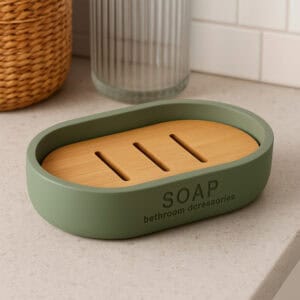 Olive green soap dish with slotted bamboo base on countertop