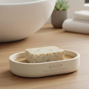 Beige soap dish with bamboo base holding bar soap on vanity