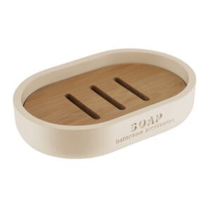 Beige oval soap dish featuring a bamboo insert with slotted design, labeled "SOAP bathroom accessories," ideal for any bathroom or kitchen counter.