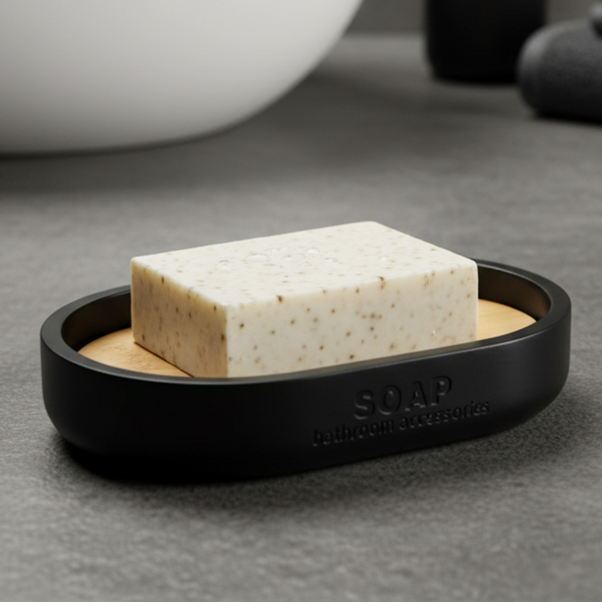 Matte black soap dish with bamboo base holding bar soap Matte black soap dish with bamboo base holding bar soap