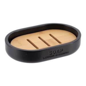 Black soap dish with bamboo insert isolated on white background