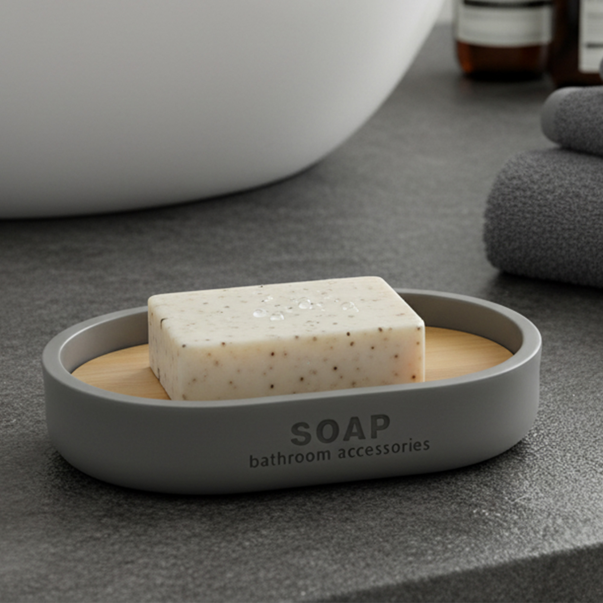 Matte gray soap dish with bamboo base holding bar soap