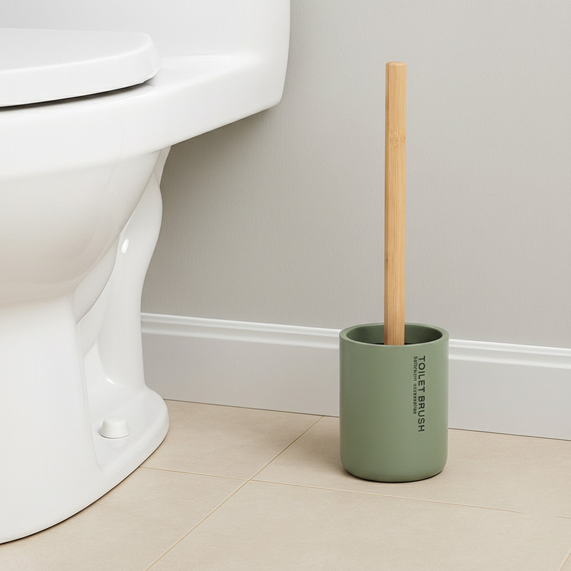 Green toilet brush with bamboo handle in matching holder placed beside toilet