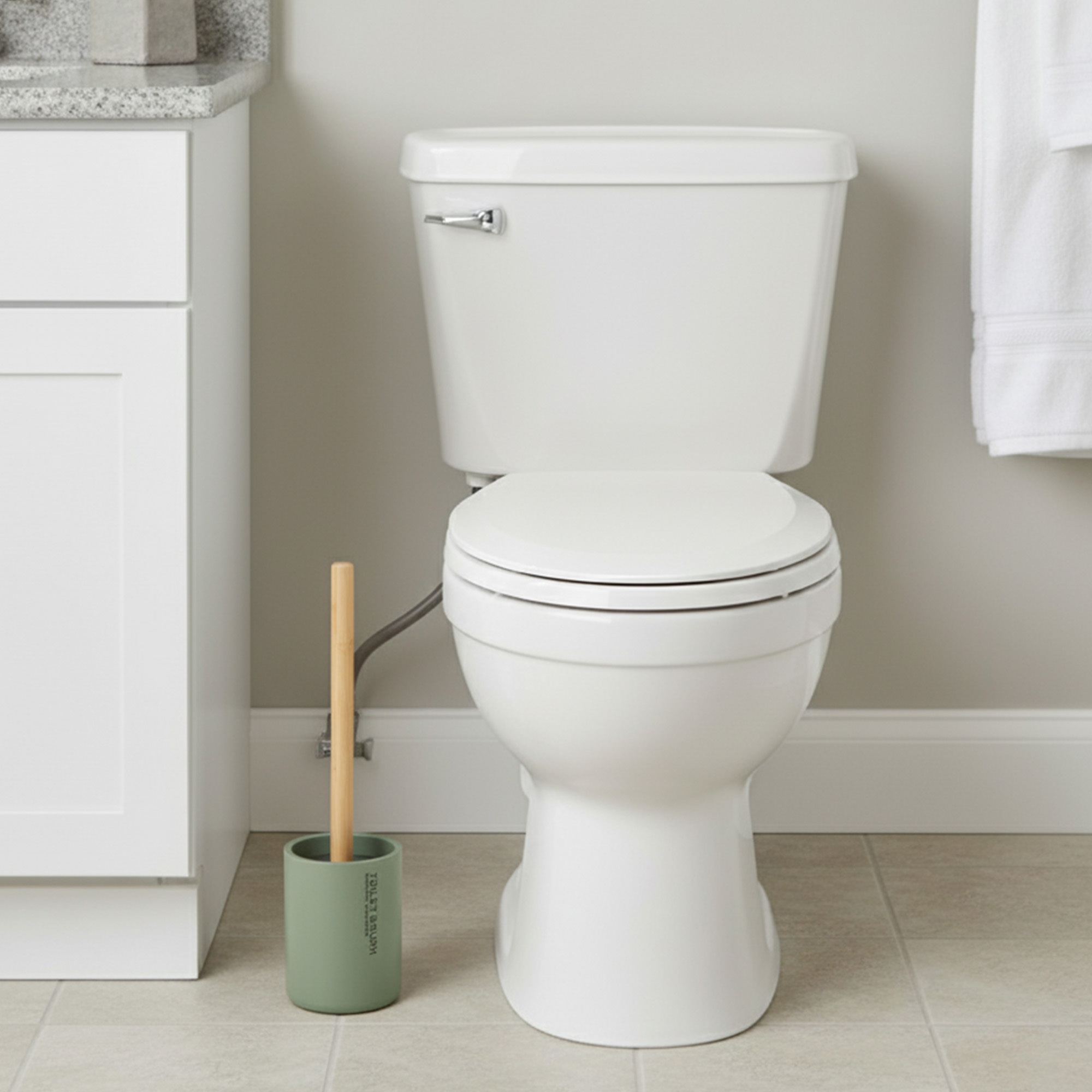 Bathroom scene showing green toilet brush holder next to toilet and vanity