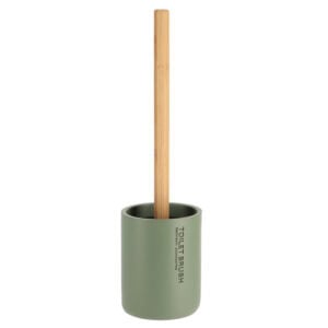Green toilet brush set with bamboo handle and holder on white background