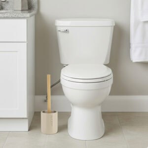 Bathroom scene showing beige toilet brush holder next to toilet and vanity