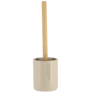 A simple and modern toilet brush featuring a beige holder with a sleek bamboo handle, perfect for any bathroom decor.