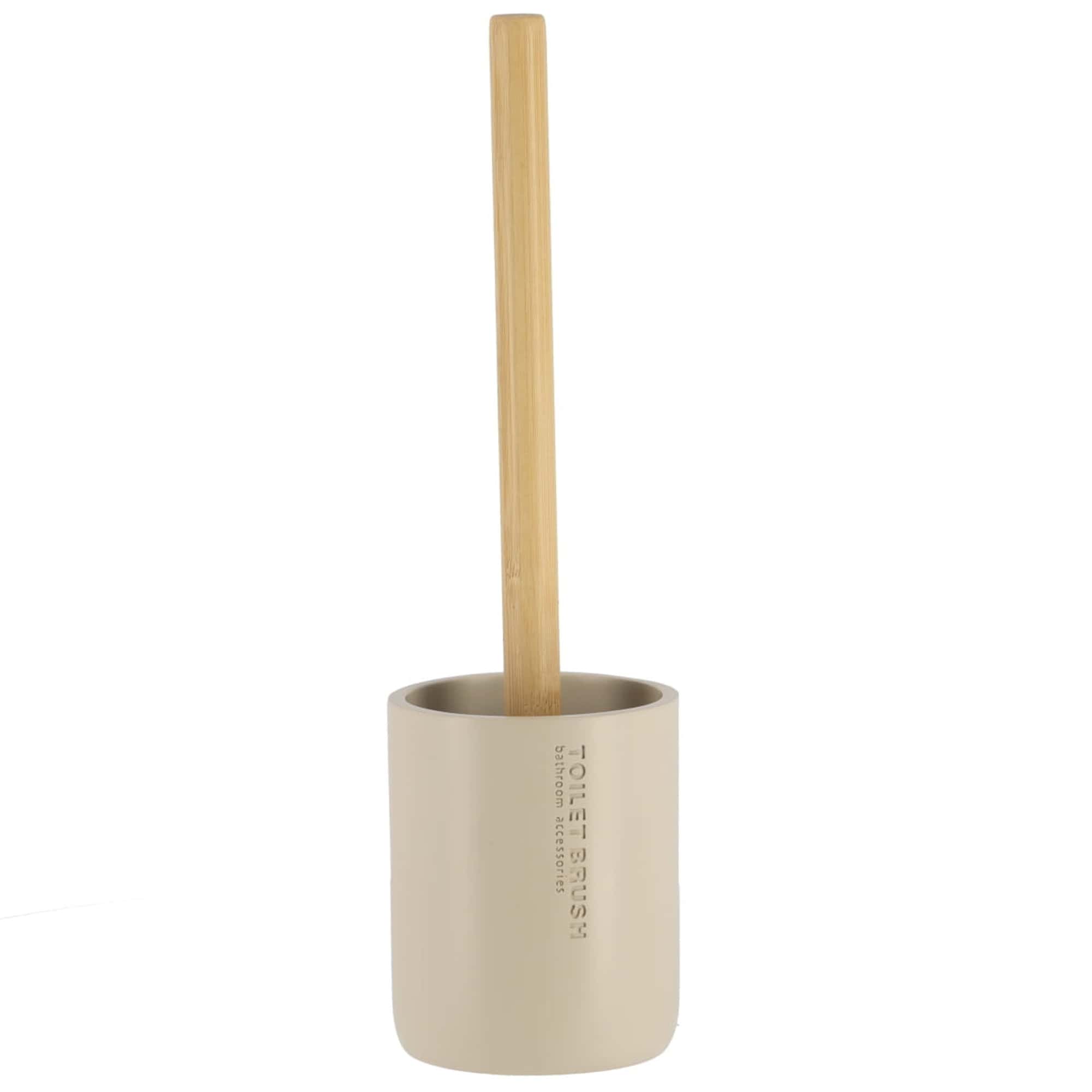 A simple and modern toilet brush featuring a beige holder with a sleek bamboo handle, perfect for any bathroom decor.