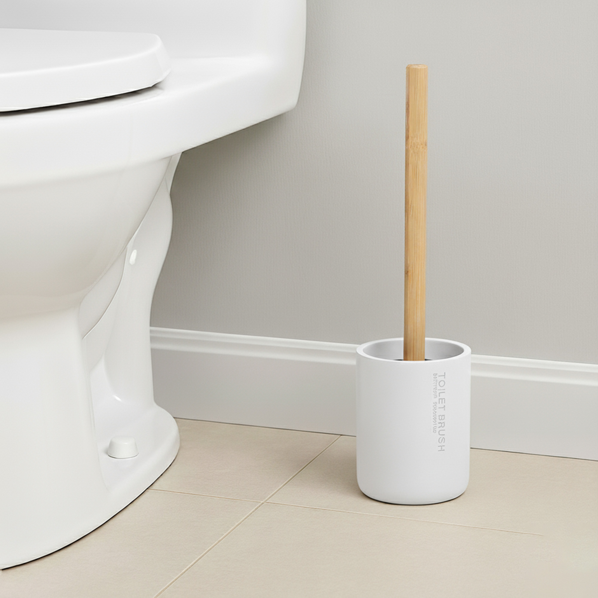 White toilet brush with bamboo handle in matching holder placed beside toilet