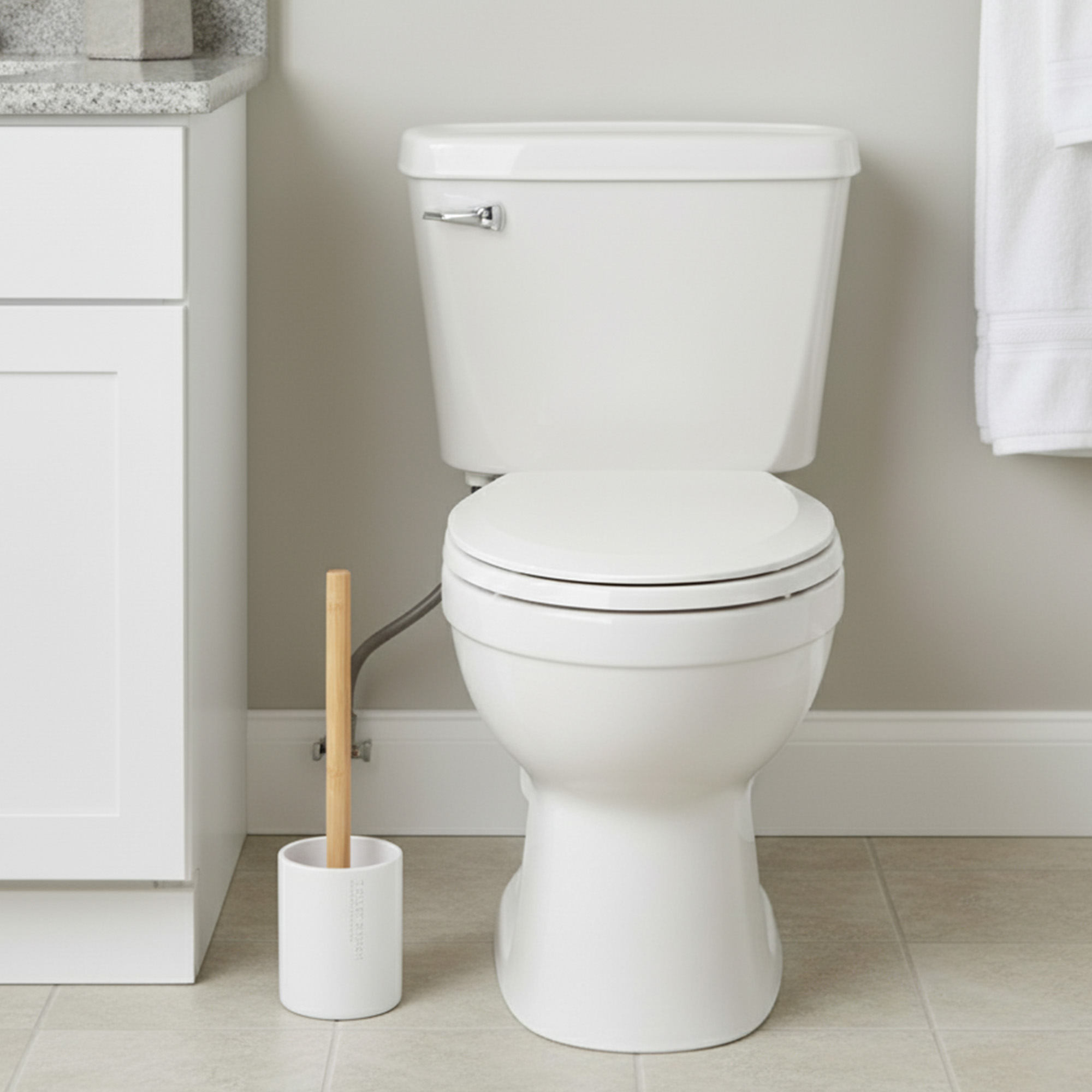 Bathroom scene showing white toilet brush holder next to toilet and vanity