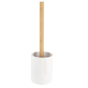 White toilet brush set with bamboo handle and holder on white background