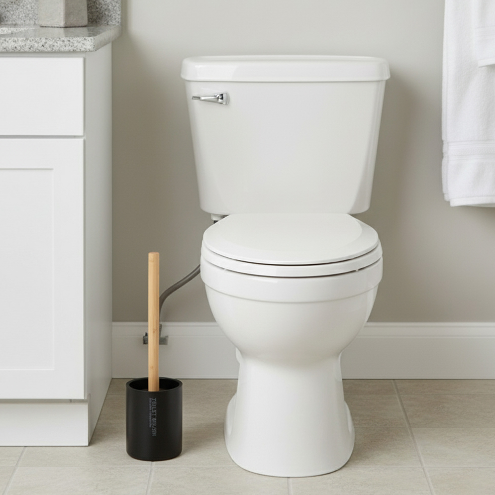 Bathroom scene showing black toilet brush holder next to toilet and vanity