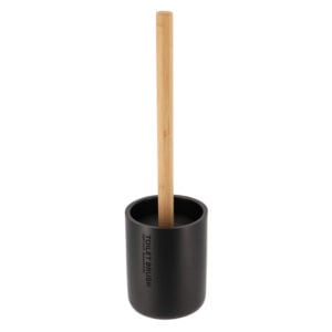 Black toilet brush set with bamboo handle and holder on white background