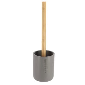 Gray toilet brush set with bamboo handle and holder on white background