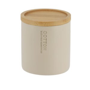 Minimalist beige cotton jar featuring a smooth bamboo lid, ideal for storing cotton pads or small bathroom essentials.