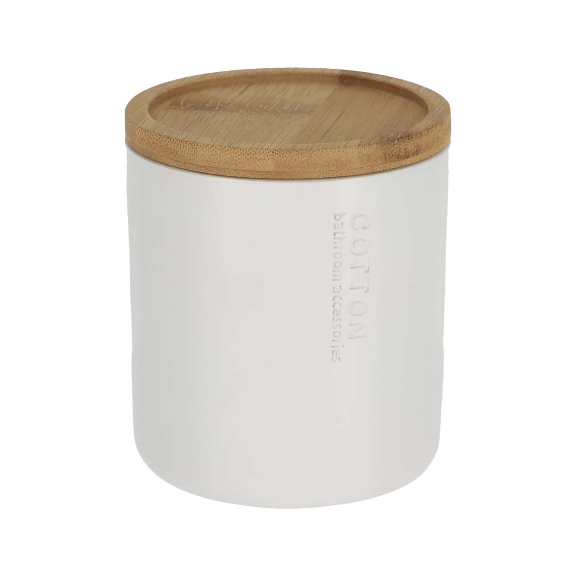 White cotton storage jar with bamboo lid and engraved Cotton text on white background
