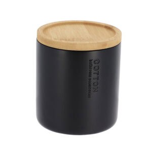 Matte black cotton storage jar with natural bamboo lid and engraved Cotton text on white background