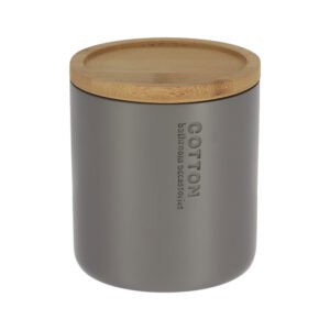 Matte gray cotton storage jar with natural bamboo lid and engraved Cotton text on white background