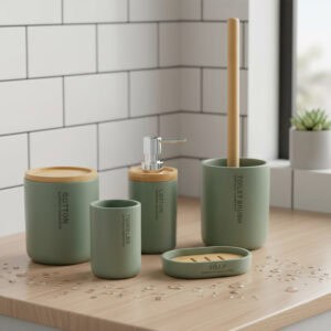 Green bathroom accessory set with bamboo lids and accents displayed on wet countertop