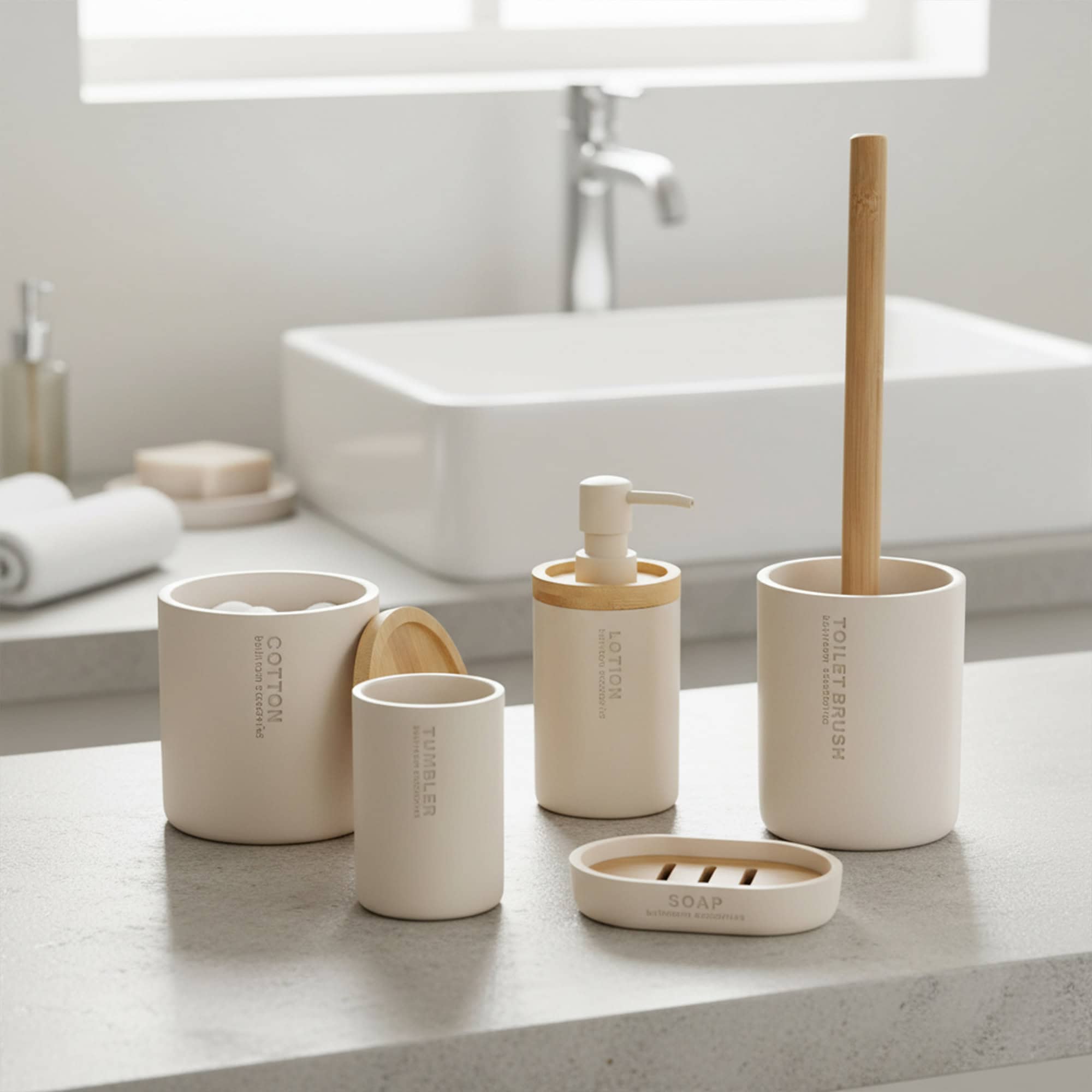 Beige bathroom accessory set with bamboo lids and accents displayed on countertop