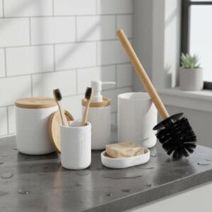 White bathroom accessory set with bamboo lids and accents displayed on wet countertop