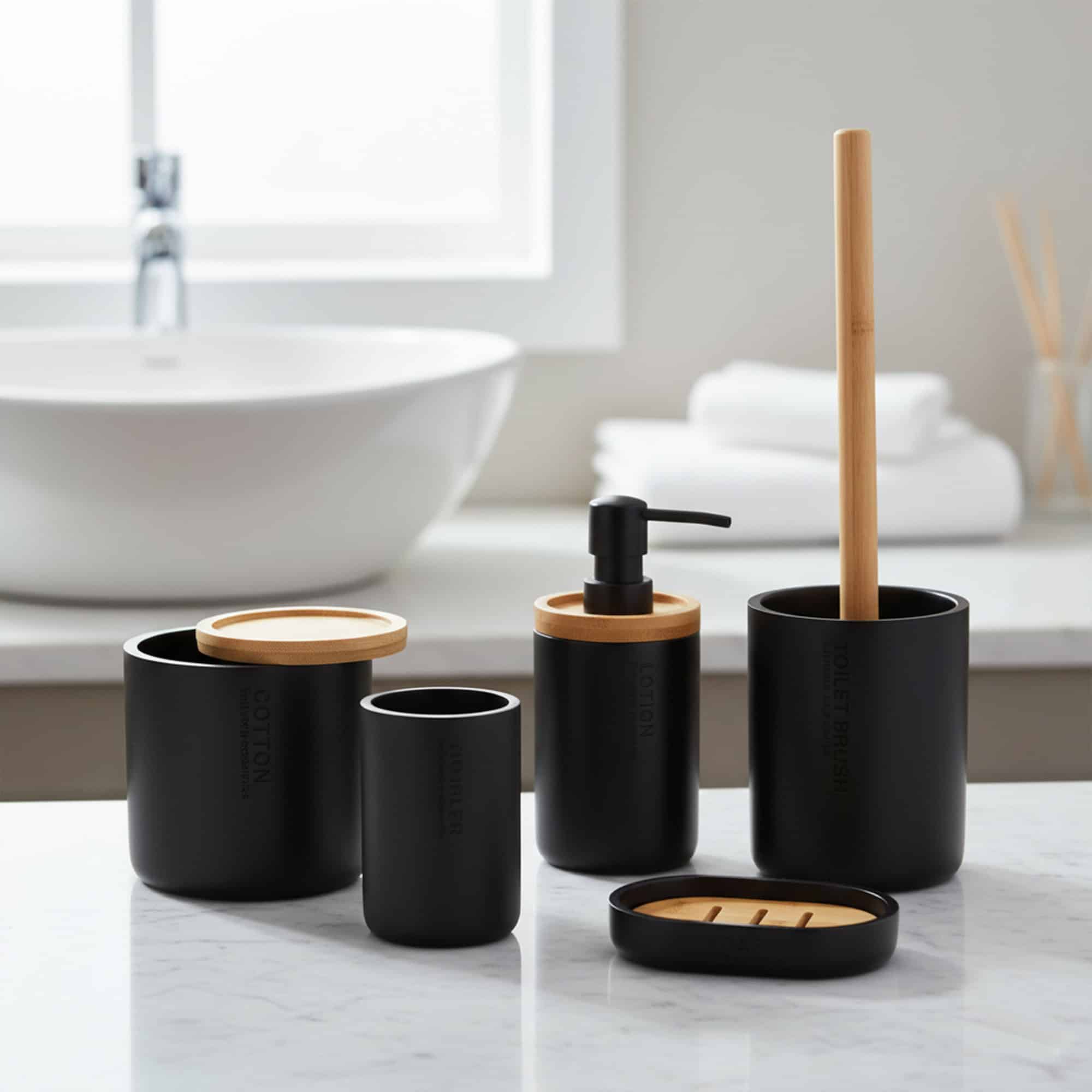 Black bathroom accessory set with bamboo lids and accents displayed on countertop