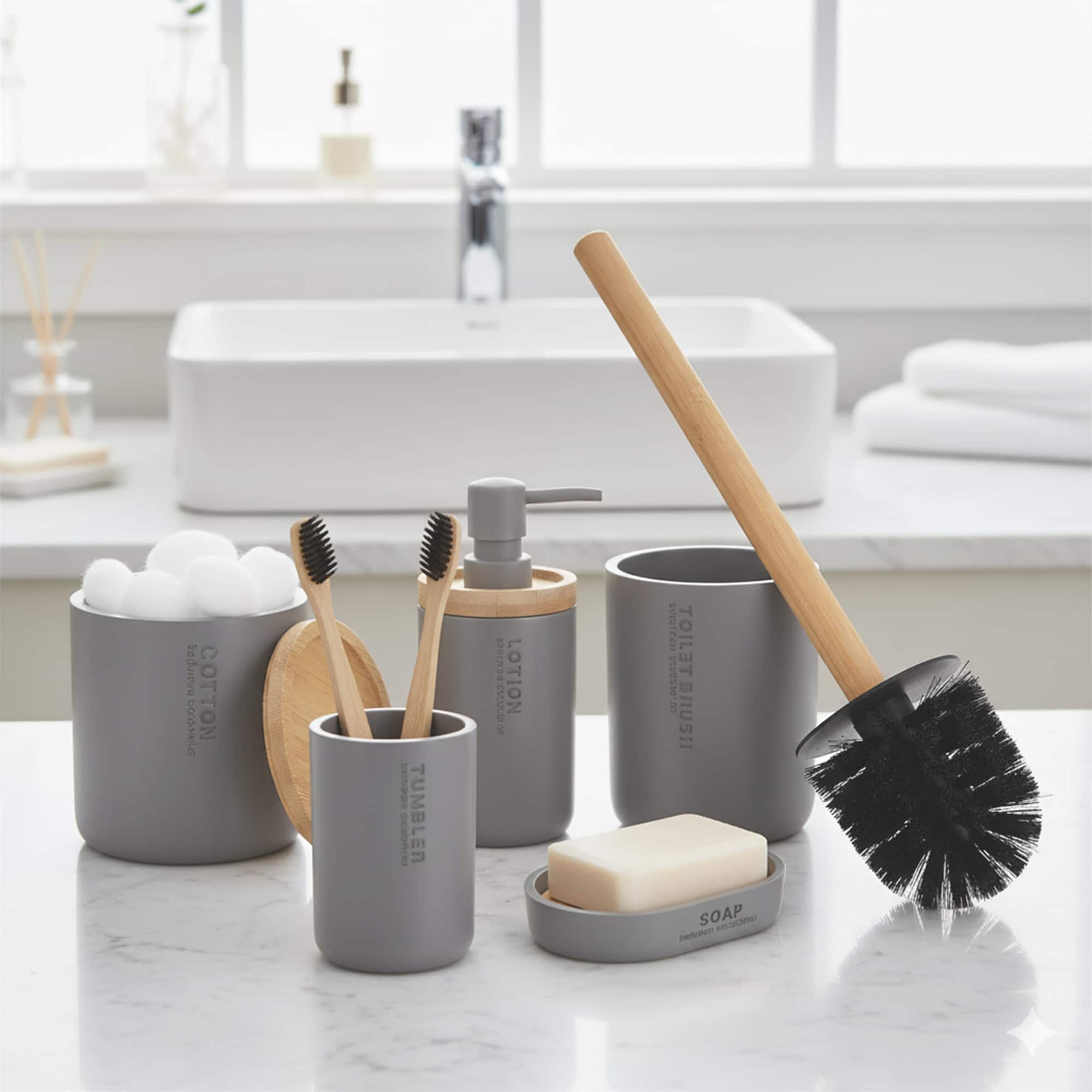 Gray bathroom accessory set with bamboo lids and accents displayed on countertop