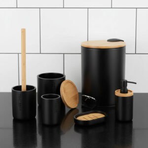 Willis black 6-piece bathroom accessory set with bamboo accents on marble counter