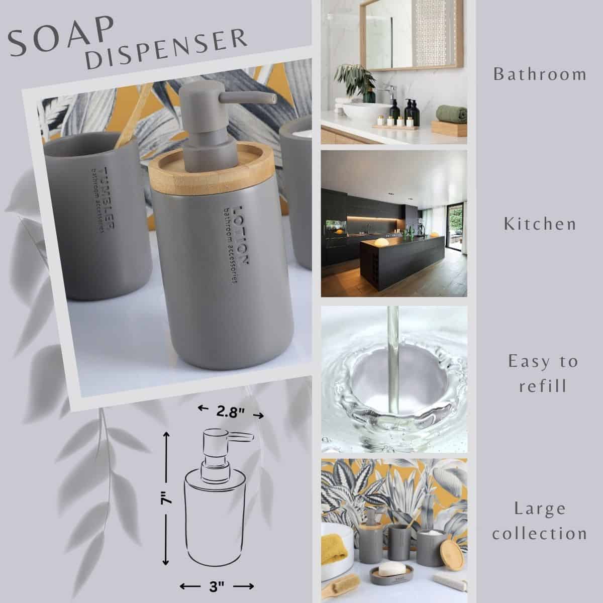 Versatile wooden ash gray hand soap dispenser for bathroom kitchen liquid soap lotion hand sanitizer dish soap