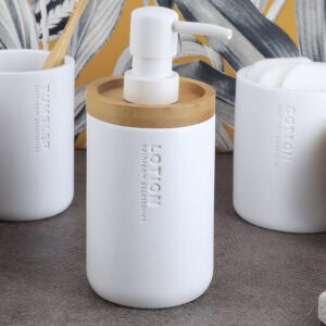 White dispenser styled with a bold tropical background