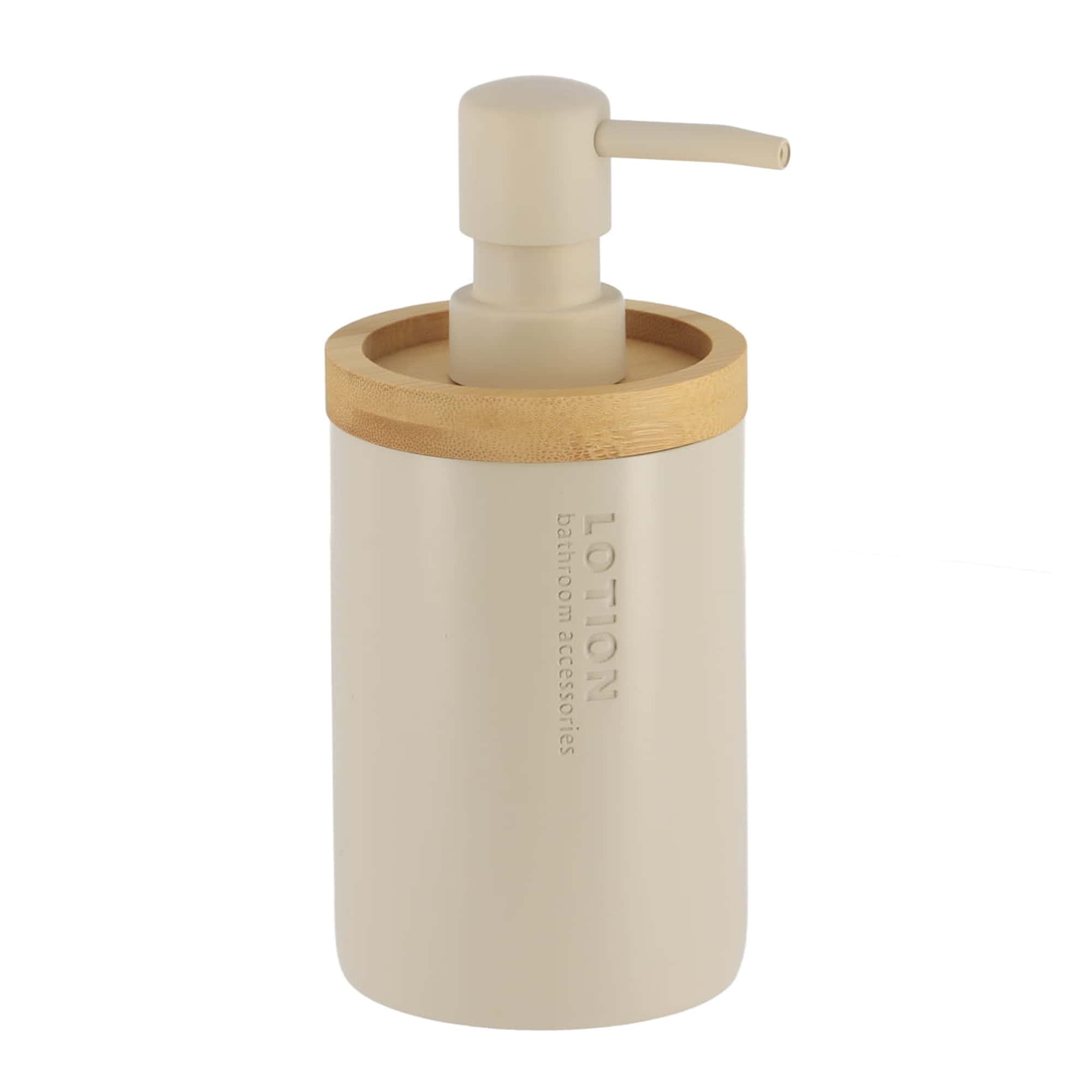 Stylish Matte Beige Soap Dispenser with Natural Bamboo Top Polyresin Hand Lotion Pump Modern Bath Accessory