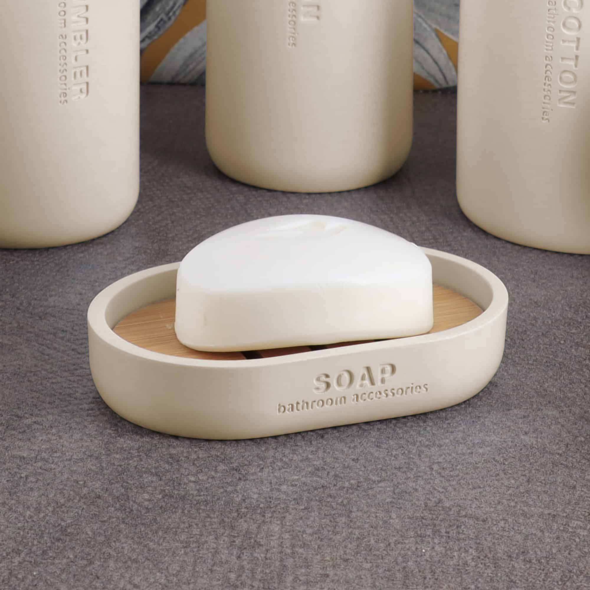 Minimalist design matte ecru draining bamboo insert engraved Soap bathroom accessories