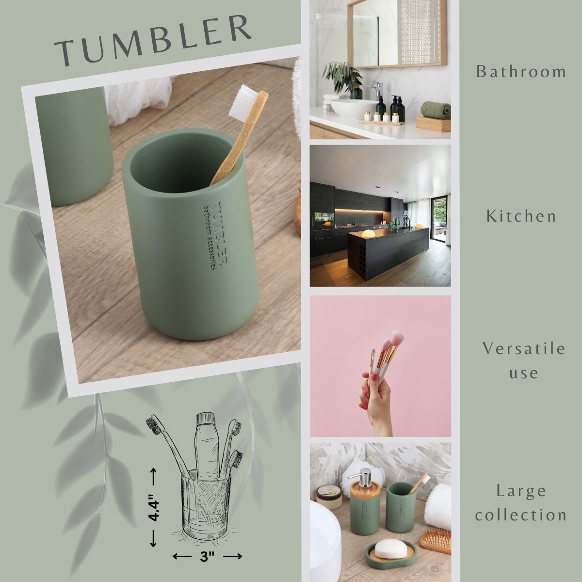 Green bathroom tumbler shown for toothbrush makeup brush use