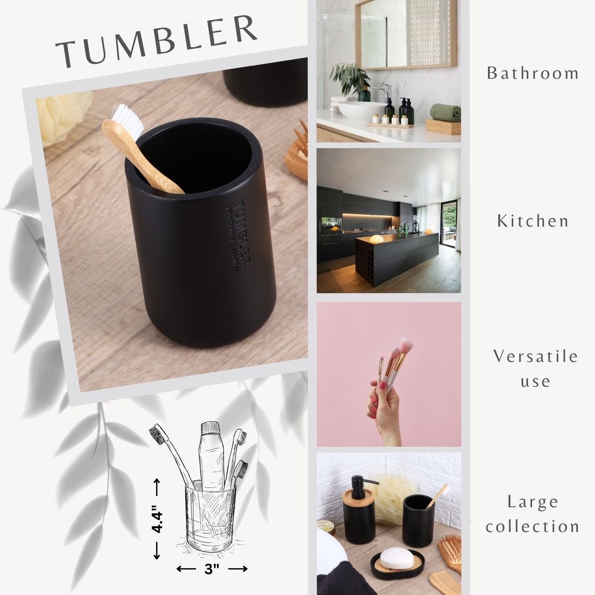 Black bathroom tumbler shown for toothbrush makeup brush use
