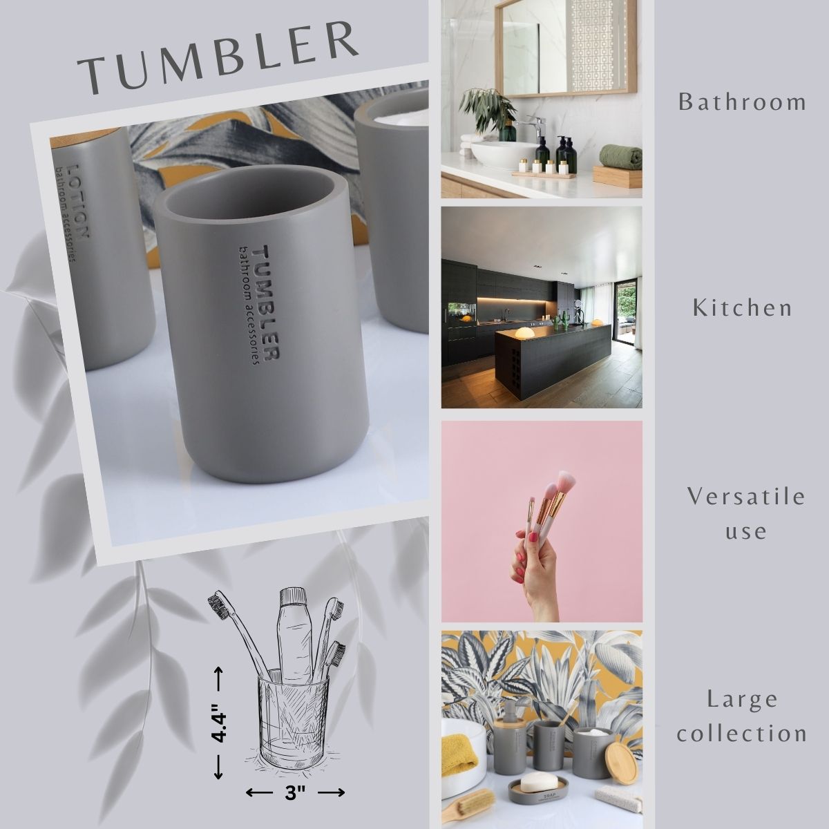 Gray bathroom tumbler shown for toothbrush makeup brush use