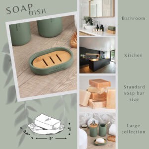 Sage green soap dish with bamboo insert on wooden countertop