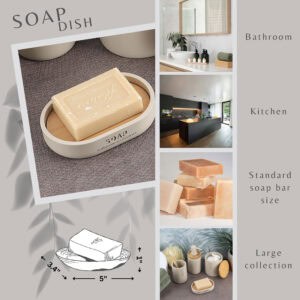 Collage showcasing a beige soap dish with bamboo insert in various settings, including bathrooms and kitchens, with details about its dimensions and soap compatibility.