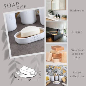 White soap dish with bamboo insert shown in styled infographic layout