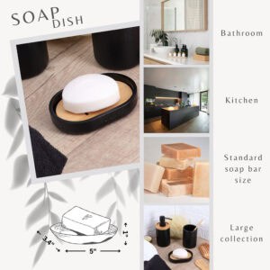 Black soap dish with bamboo insert shown in infographic layout