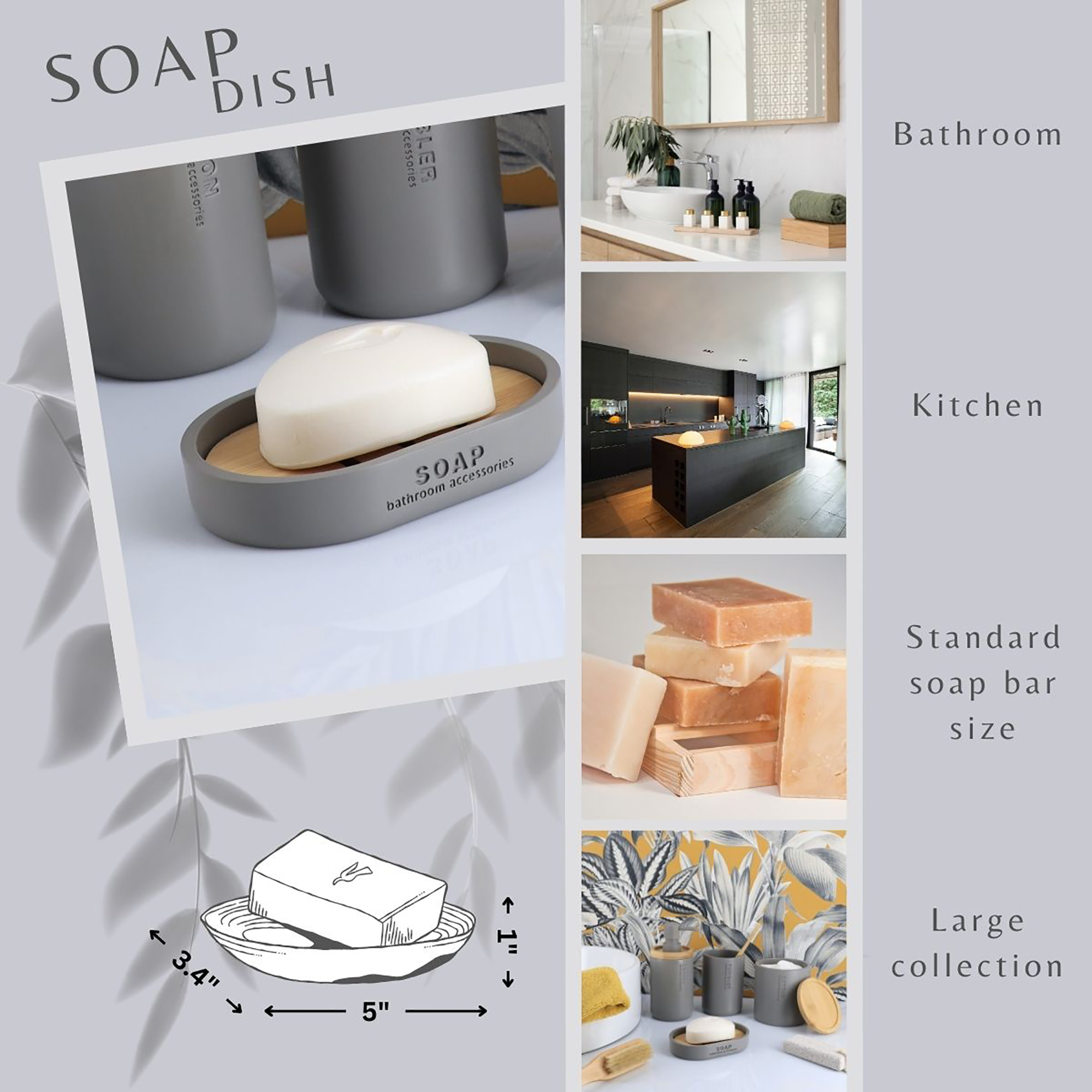 Gray soap dish with bamboo insert shown in infographic layout
