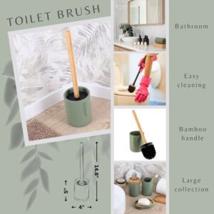Toilet brush feature graphic showing bamboo handle, holder, use photos, and size diagram