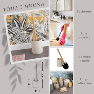 Toilet brush feature graphic showing bamboo handle, holder, use photos, and size diagram