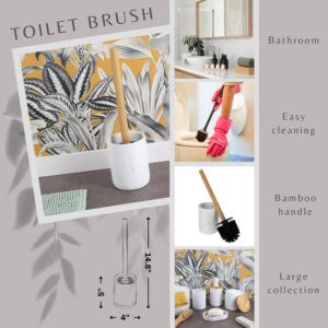 Toilet brush feature graphic showing bamboo handle, holder, use photos, and size diagram