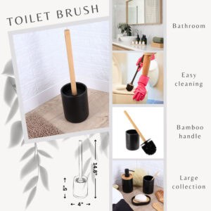 Toilet brush feature graphic showing bamboo handle, holder, use photos, and size diagram