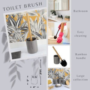 Toilet brush feature graphic showing bamboo handle, holder, use photos, and size diagram